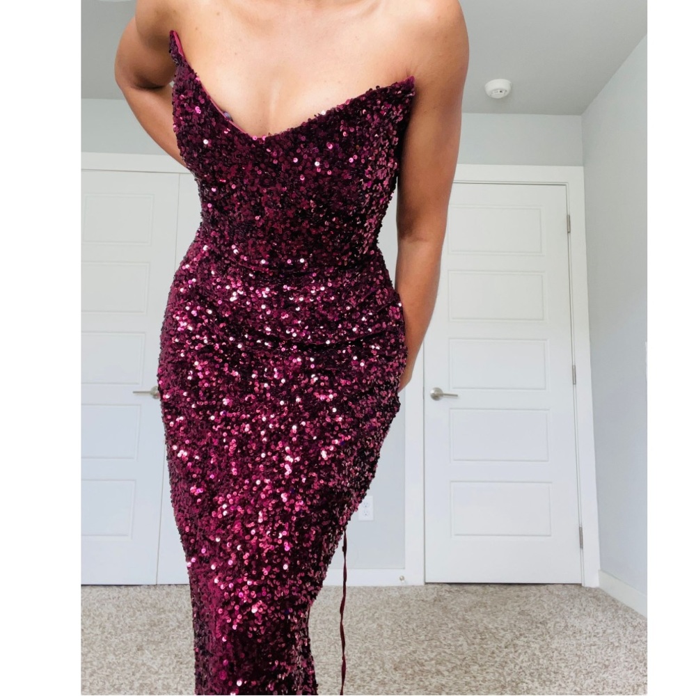 Ox Blood Sequin Corset Occassion Dress - Picture 4 of 12